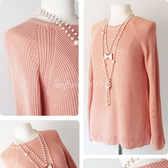Peach Pink Scallop Edge Long Tunic Sweater Top - Picture 2 of 7